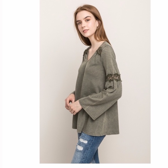 Mystree Tops - Garment Washed Bell Sleeved Top Sage Green